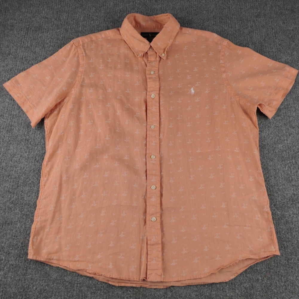 Ralph Lauren Shirt Mens Large Orange Lighthouse Print Linen Short Sleeve Classic - Picture 2 of 12
